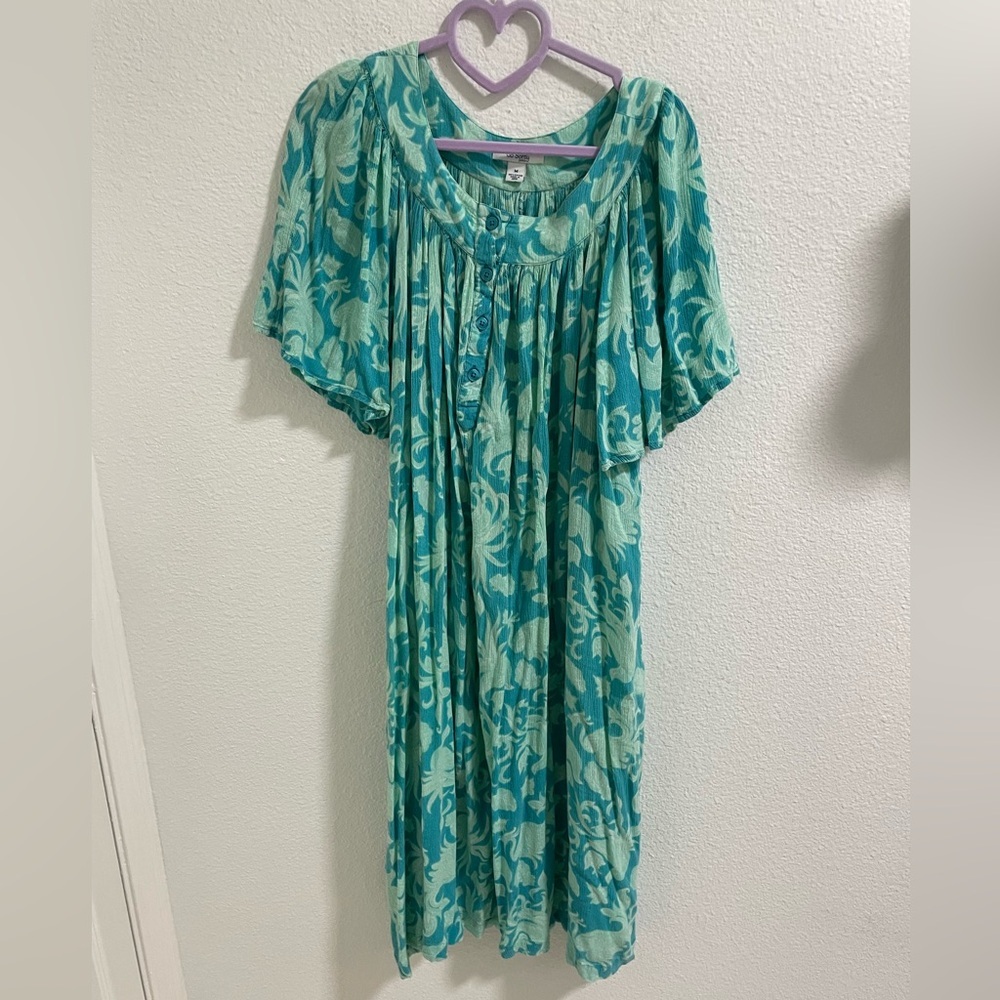 Go Softly patio Chic Teal and Cream Floral Loungwear nightgown Dress